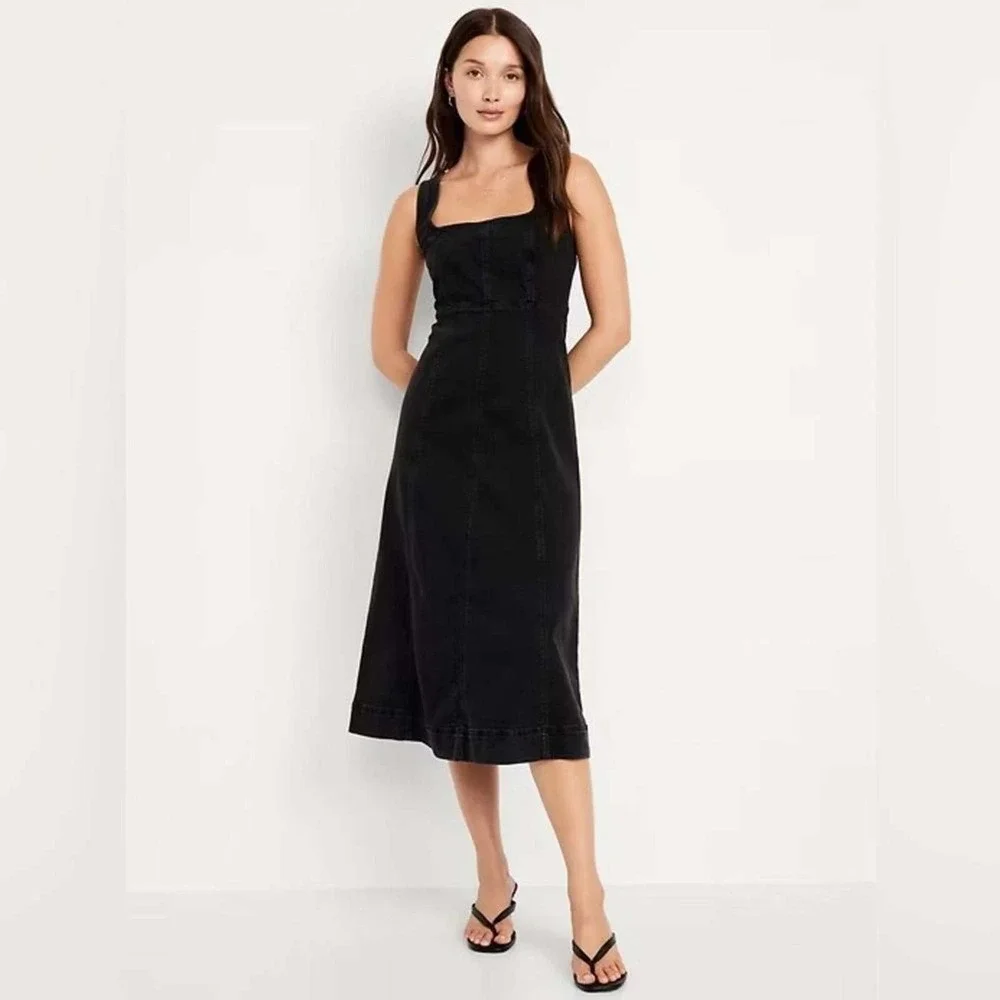 Old Navy Womens Black Fit & Flare Sleeveless Denim Midi Dress Square Neck M NEW - Picture 1 of 7